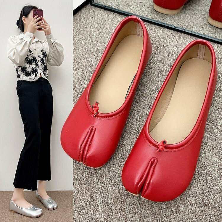 Mocassins de couro aconchegantes estilo japonês para mulheres, sapatilha de bailarina feminina, casco dividido, ninja tabi flats, Mary Jeans, sapato mocasines