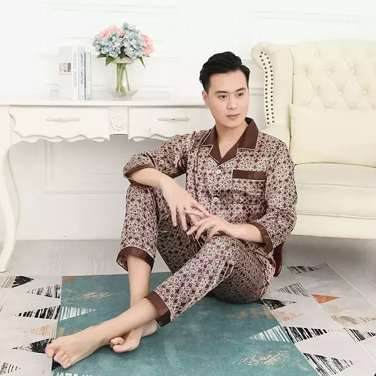 Conjuntos de pijama masculino de cetim de seda manga comprida, pijamas masculinos, camisola estampada, Casa, Soft Cozy Sleepwear Calças, Novo
