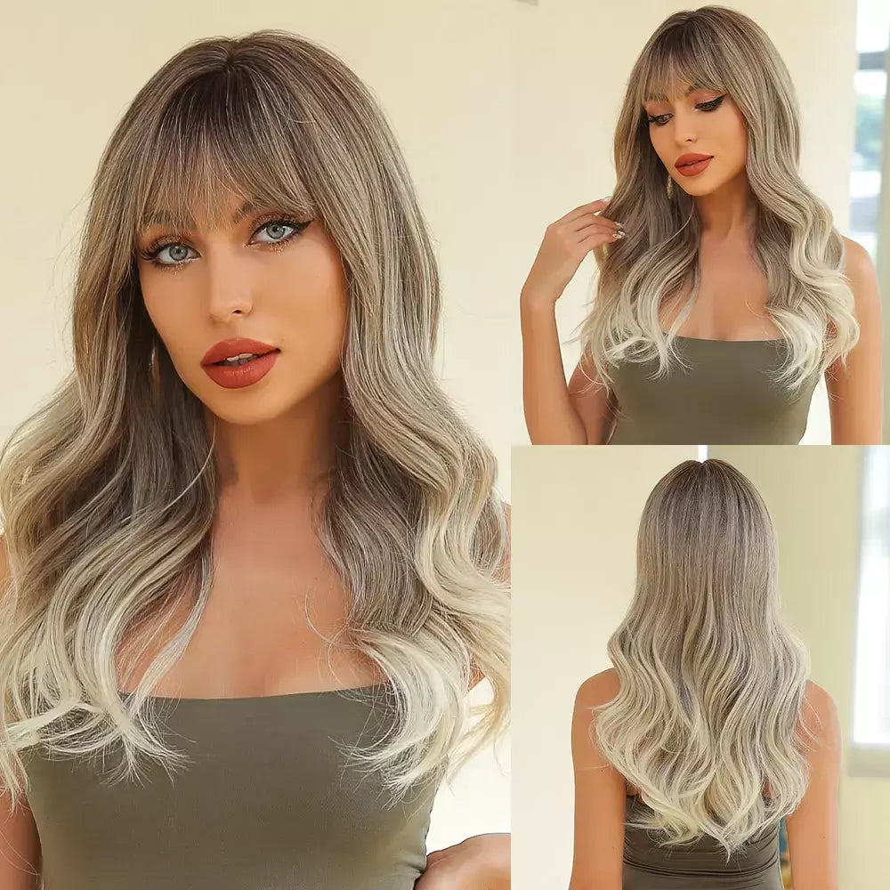 Louis ferre longo ombre loira perucas sintéticas com franja para mulheres onda natural penteado fibra resistente ao calor cosplay perucas marrons