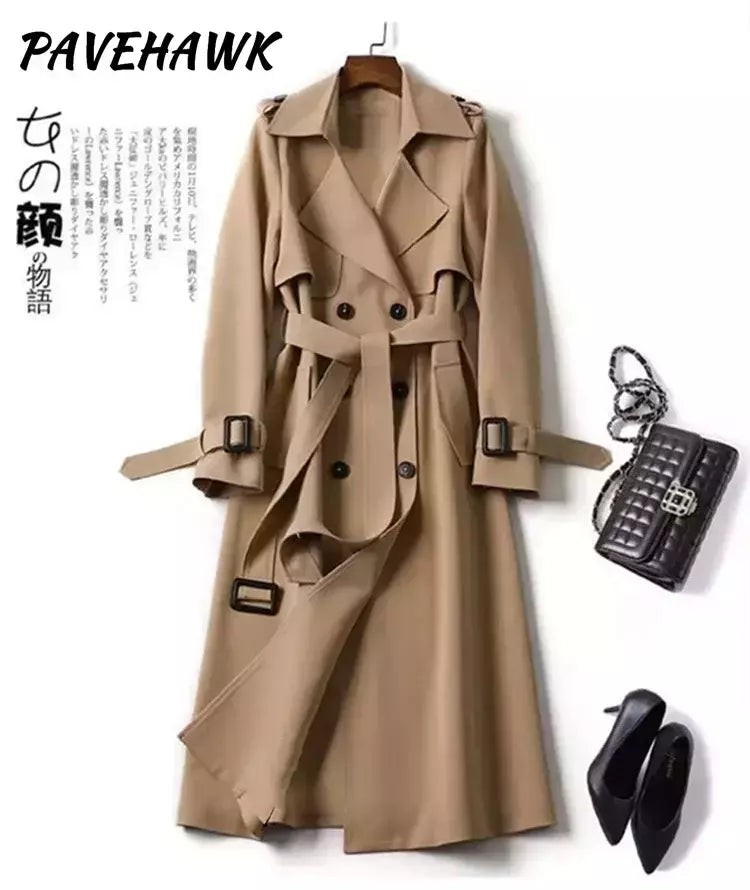 Casaco de trincheira longa de peito duplo feminino, blusão estilo britânico, jaquetas casuais elegantes, streetwear outono e inverno, comprimento médio