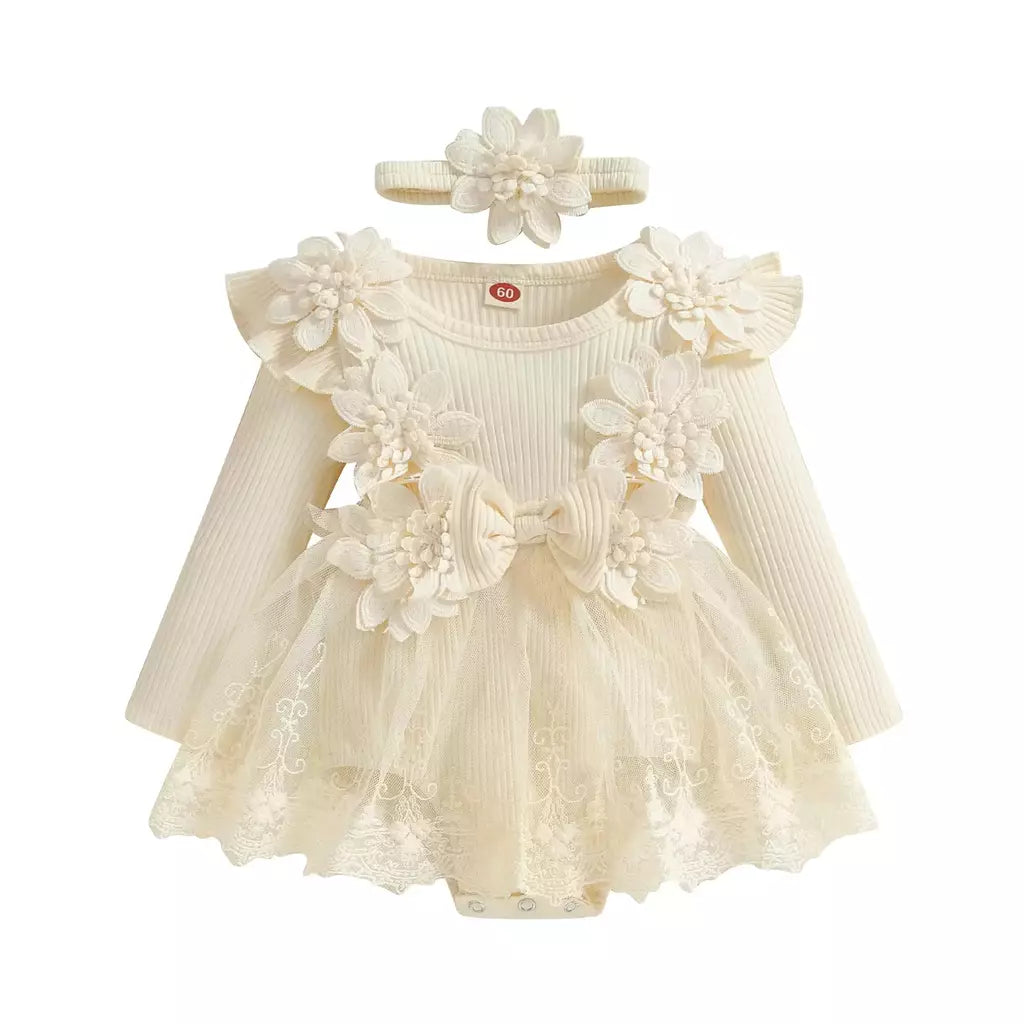 3d flor verão bebê meninas macacão princesa malha roupas recém-nascidos rendas retalhos plissado bodysuit vestido bandana crianças roupas