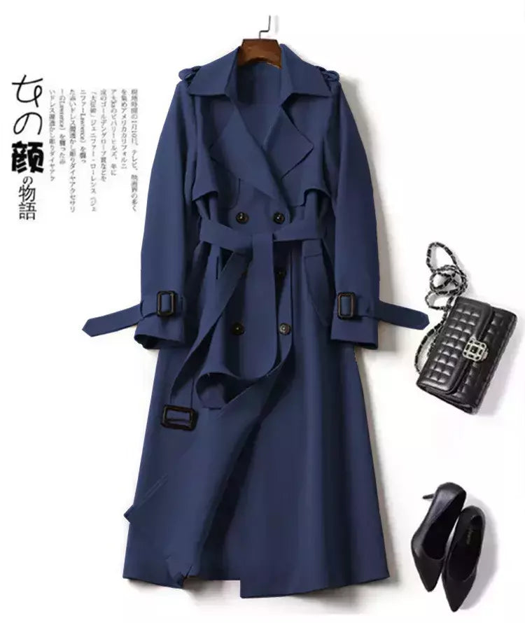 Casaco de trincheira longa de peito duplo feminino, blusão estilo britânico, jaquetas casuais elegantes, streetwear outono e inverno, comprimento médio