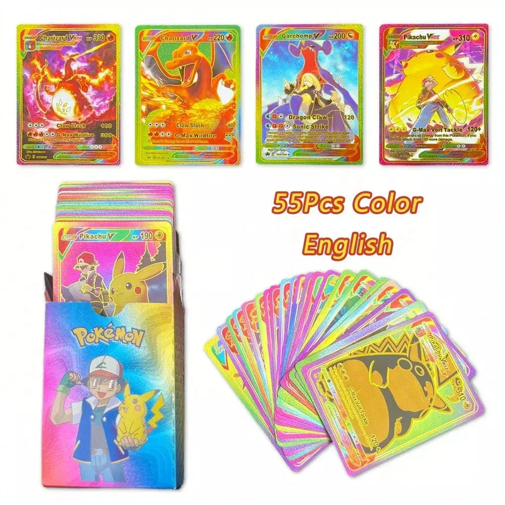 Cartão de folha de ouro colorido pokemon charizard pikachu arceus prata preto arco-íris inglês francês alemão espanhol vstar gx vmax cartões