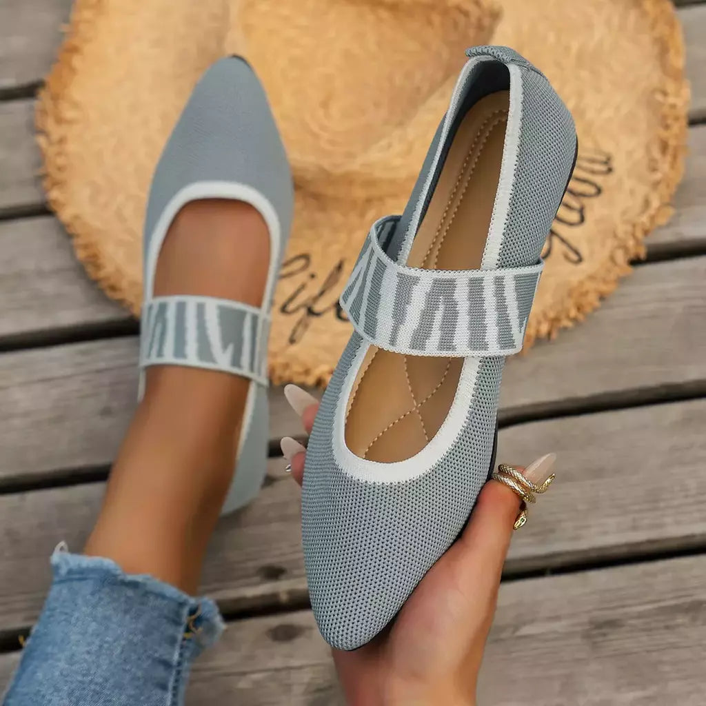 Sapatos rasos de malha com blocos coloridos para mulheres, ballet flats, tiras listradas casuais, dedo apontado, mocassins femininos