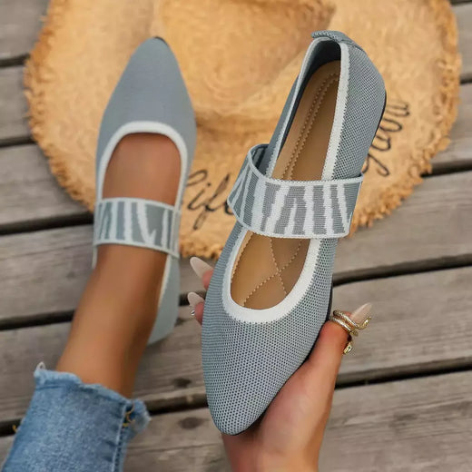 Sapatos rasos de malha com blocos coloridos para mulheres, ballet flats, tiras listradas casuais, dedo apontado, mocassins femininos