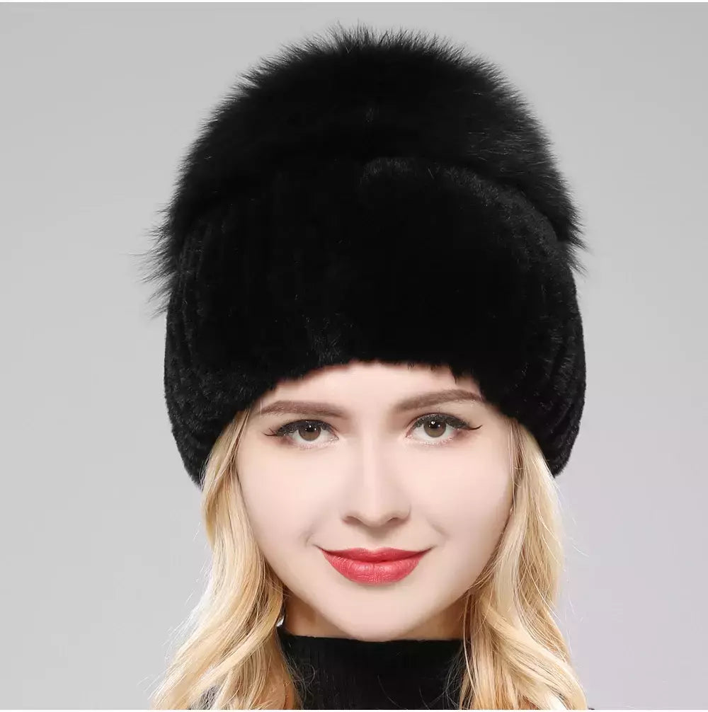 Real Genuine Fox Fur Gorros Chapéu para Mulheres, Pele de Coelho Rex Natural Boné de Caveira, Chapéus de malha para meninas, inverno, estilo russo, novo