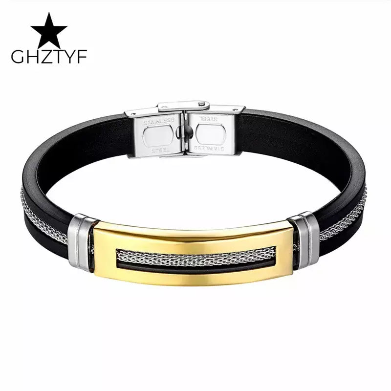 puseira masculina de ouro Pulseiras de aço inoxidável manguito para homens mulher pulseira de borracha preta com corrente 17 19 21cm cinto ajustável homem mão jóias presentes masculino frete grátis