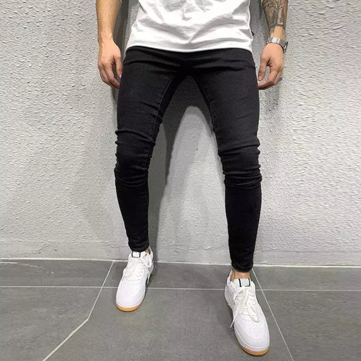 Cinza cor pura jeans homens cintura elástica calças de brim magros 2021 estiramento sem rasgado calças streetwear preto dos homens denim