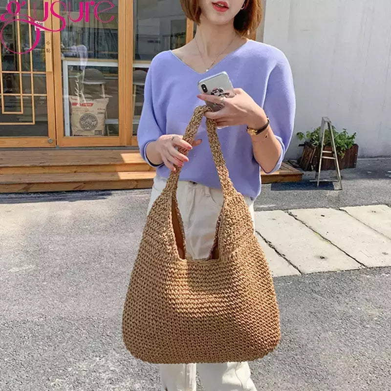 Gusure casual palha sacos de ombro das mulheres de vime tecido senhoras bolsas artesanais praia verão grandes totes saco bohemia