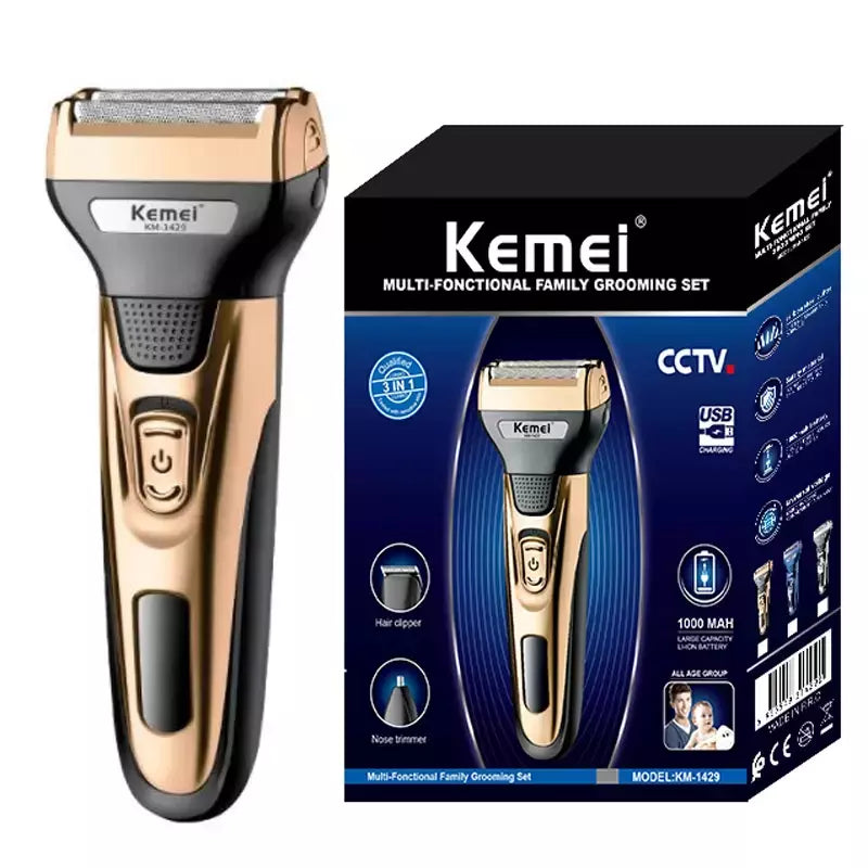 Kemei-Kit de higiene elétrica para homens, aparador de pêlos de barba, barbear corpo, nariz e orelha, lâmina facial recarregável, 3in 1