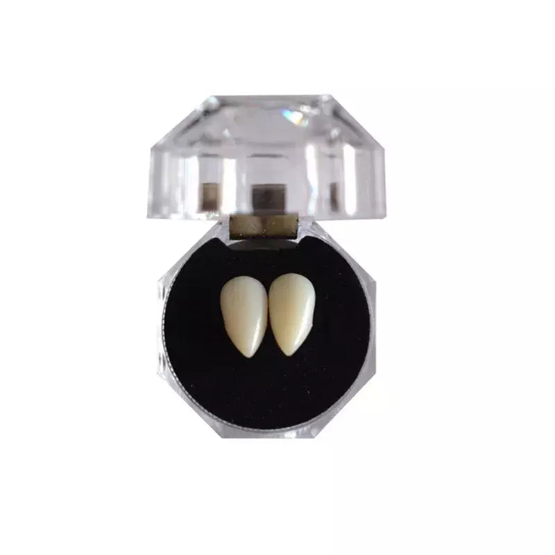 1 par de dentes de vampiro, presas, adereços para dentaduras, fantasia de halloween, dentes falsos, cola sólida, adesivo para dentadura, decoração de festa de halloween