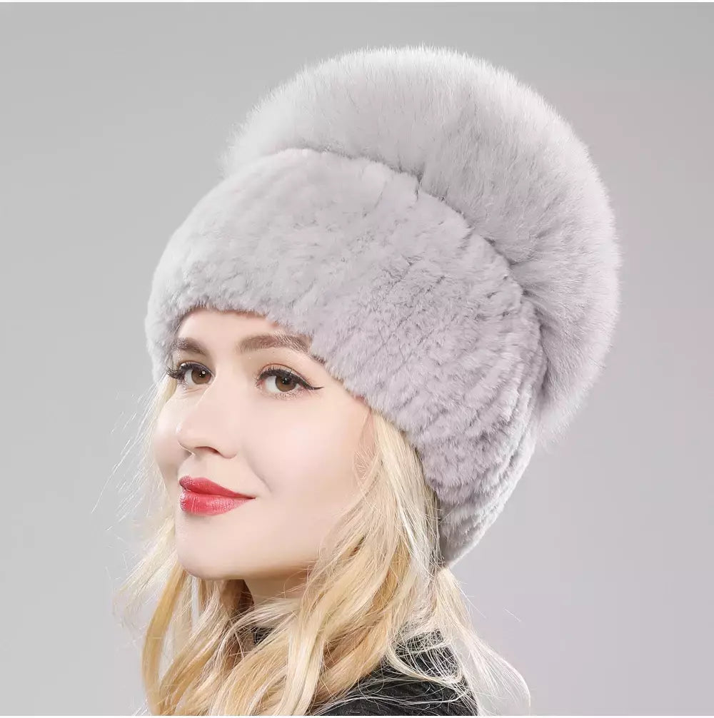 Real Genuine Fox Fur Gorros Chapéu para Mulheres, Pele de Coelho Rex Natural Boné de Caveira, Chapéus de malha para meninas, inverno, estilo russo, novo