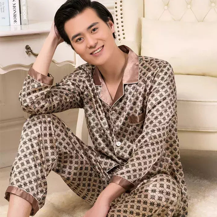Conjuntos de pijama masculino de cetim de seda manga comprida, pijamas masculinos, camisola estampada, Casa, Soft Cozy Sleepwear Calças, Novo