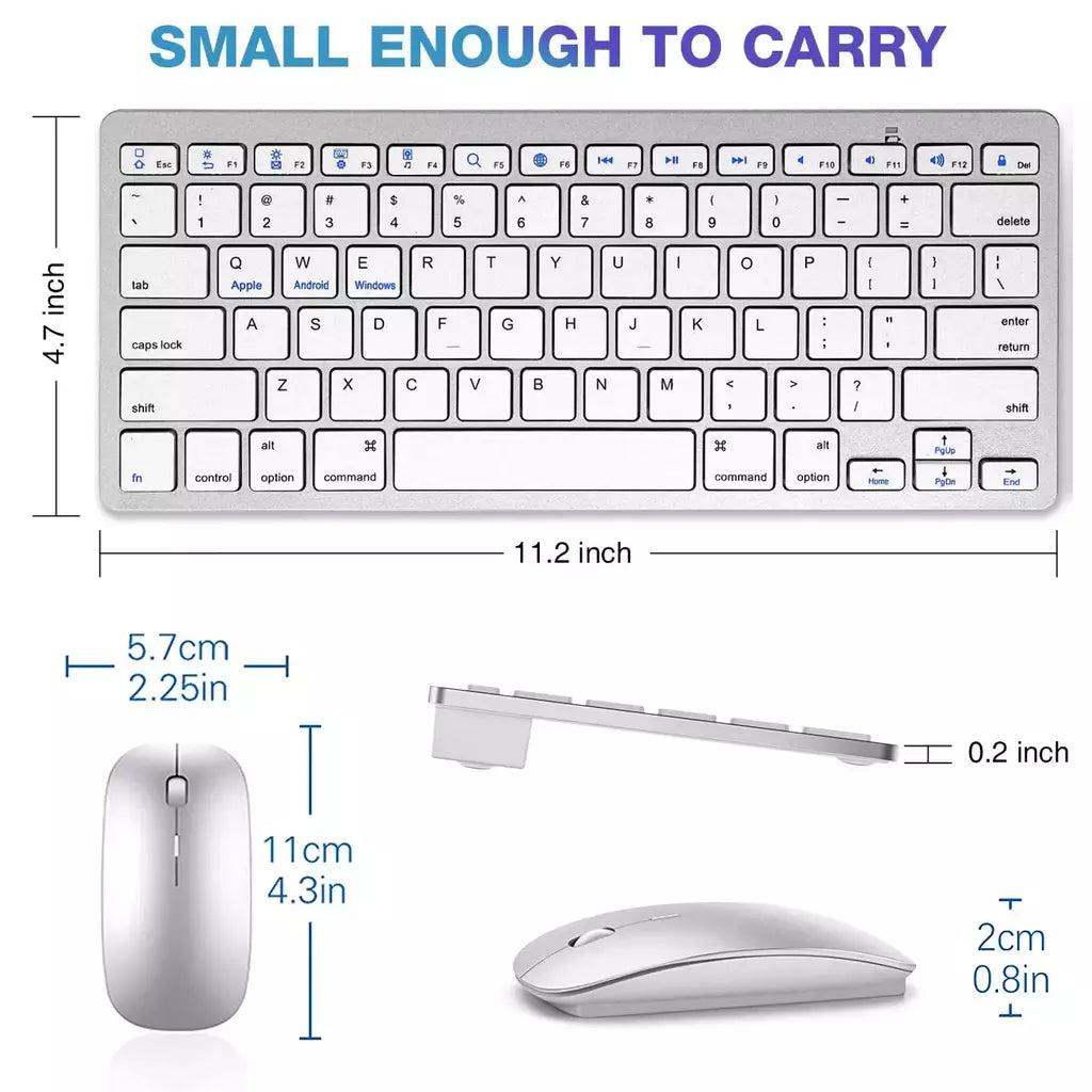Ultra-Slim Bluetooth Teclado e Mouse Combo, Tecla Mudo, Mouse sem fio, Ratos para Mac, iPad, iPhone, iOS, Android, Windows