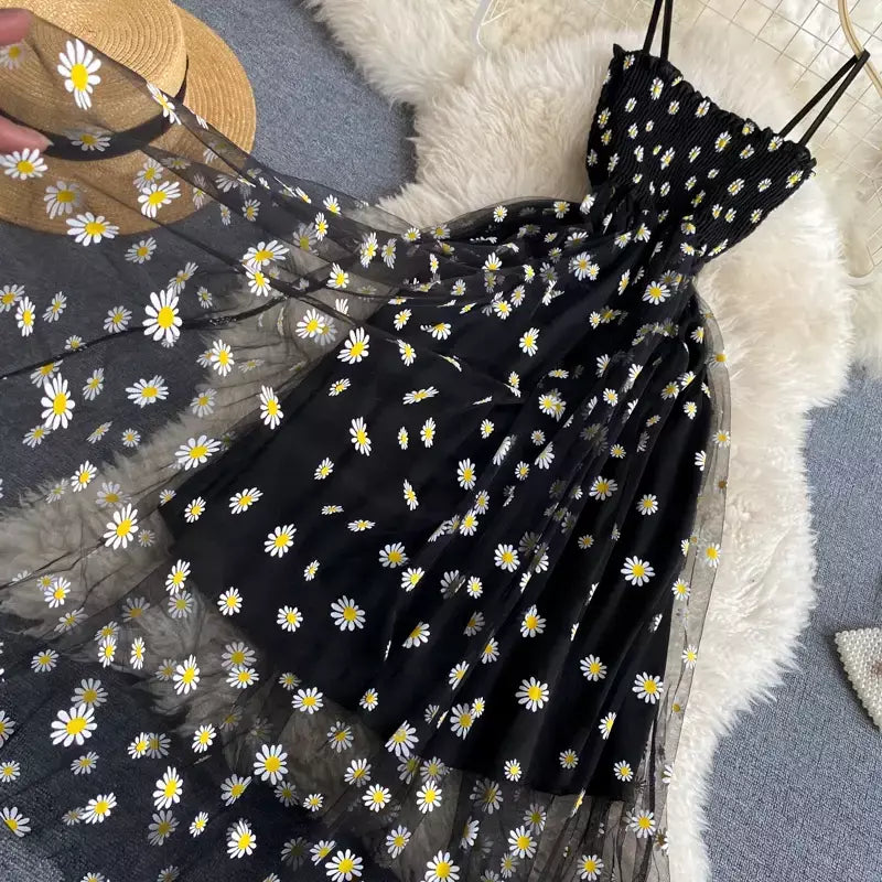 Yuoomuoo moda coreana margarida flor impressão malha vestido de festa verão duas camadas cinta espaguete férias midi vestido praia vestidos