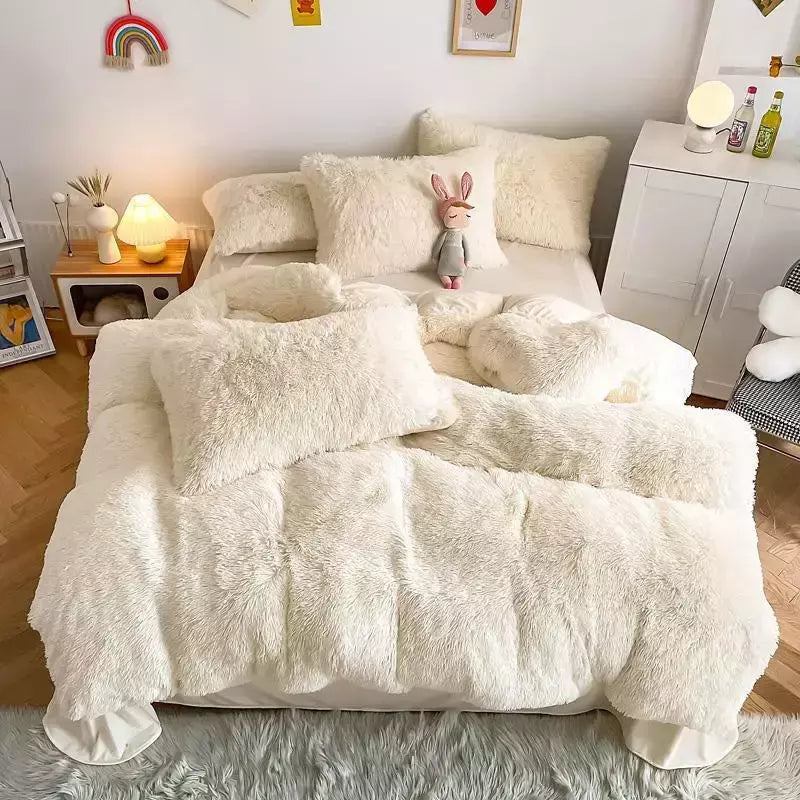 Conjunto de cama luxuoso preto macio, capa de edredão Shaggy, 2 fronhas, zíper, veludo macio, 3pcs