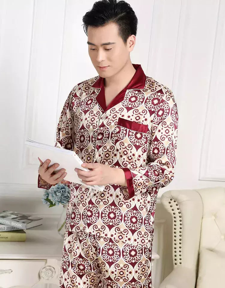 Conjuntos de pijama masculino de cetim de seda manga comprida, pijamas masculinos, camisola estampada, Casa, Soft Cozy Sleepwear Calças, Novo