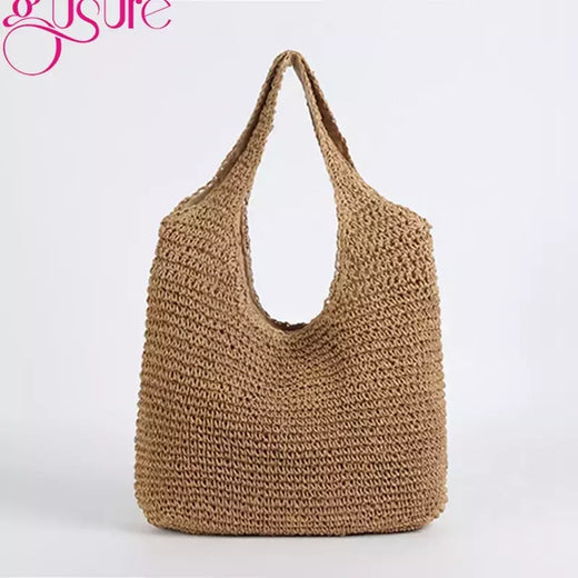Gusure casual palha sacos de ombro das mulheres de vime tecido senhoras bolsas artesanais praia verão grandes totes saco bohemia