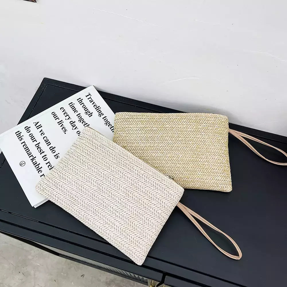 Moda feminina boêmio tecido embreagem wristlet saco casual senhoras praia verão cor sólida pequenas bolsas bolsa branco bege presentes