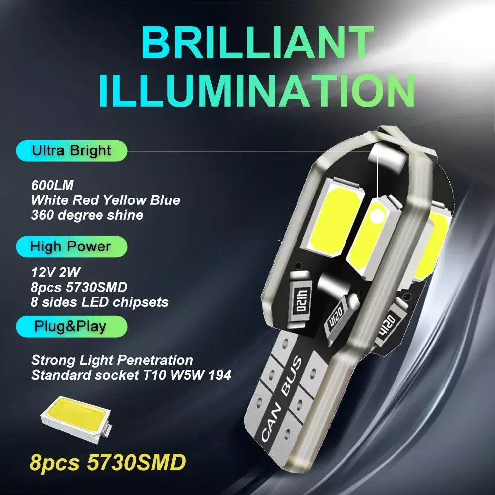 10/20 pçs w5w t10 lâmpadas led canbus 5730 8smd 12v 6000k 194 168 led mapa do carro luzes cúpula luz de estacionamento lâmpada sinal automático