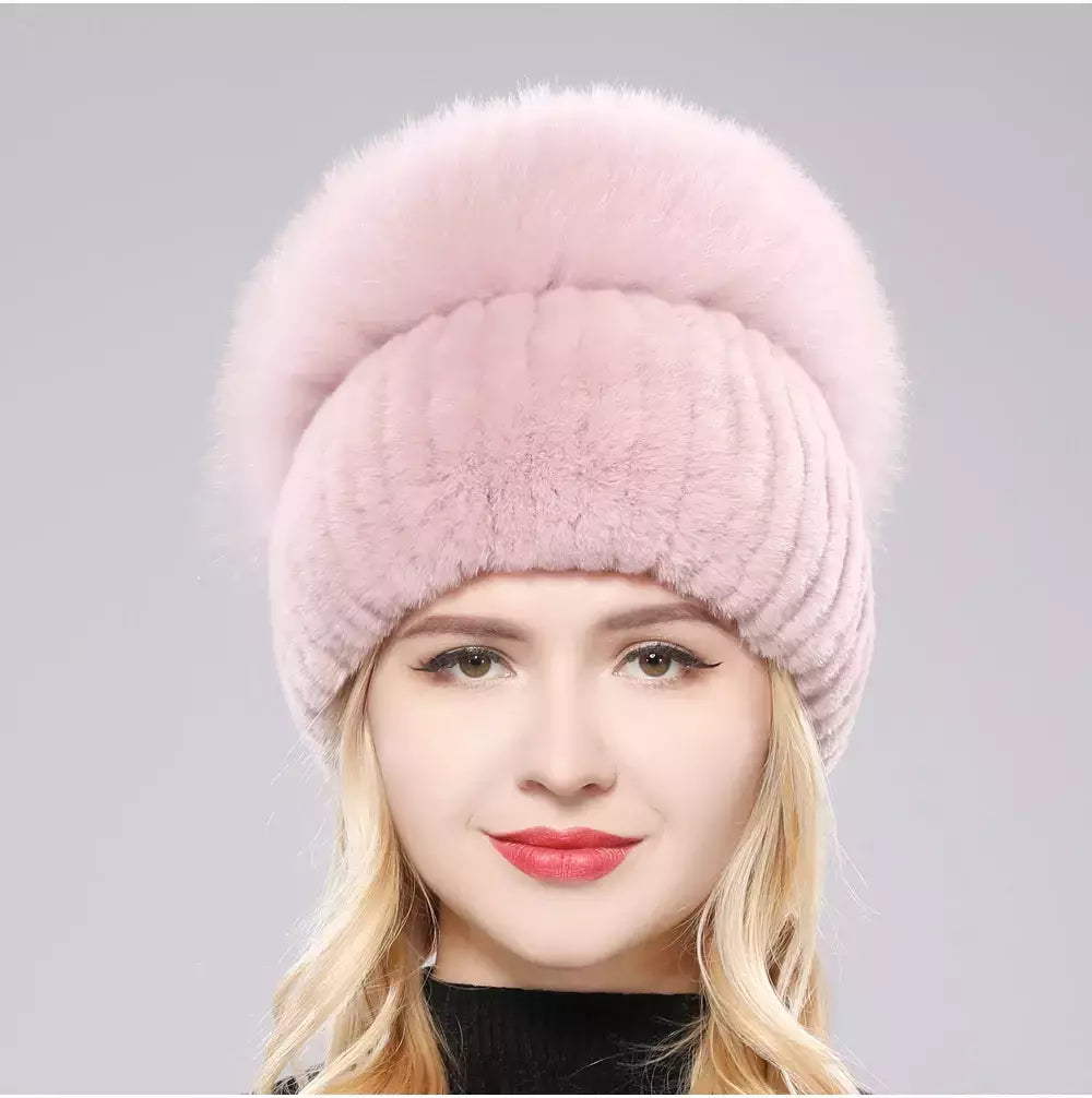 Real Genuine Fox Fur Gorros Chapéu para Mulheres, Pele de Coelho Rex Natural Boné de Caveira, Chapéus de malha para meninas, inverno, estilo russo, novo