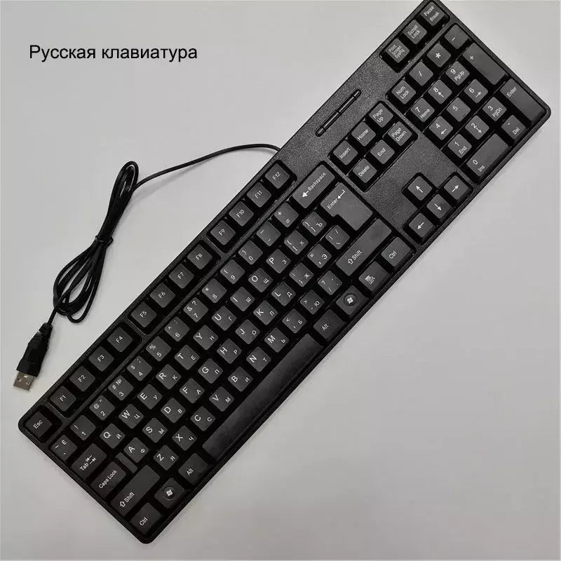Teclado com fio USB com 104 teclas, teclado de jogo, computador, espanhol, francês, russo, árabe, letra
