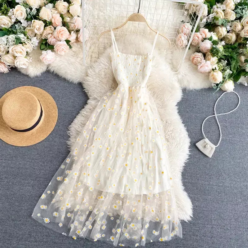 Yuoomuoo moda coreana margarida flor impressão malha vestido de festa verão duas camadas cinta espaguete férias midi vestido praia vestidos