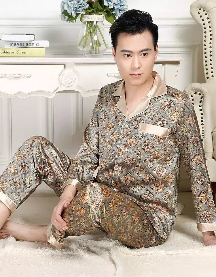 Conjuntos de pijama masculino de cetim de seda manga comprida, pijamas masculinos, camisola estampada, Casa, Soft Cozy Sleepwear Calças, Novo