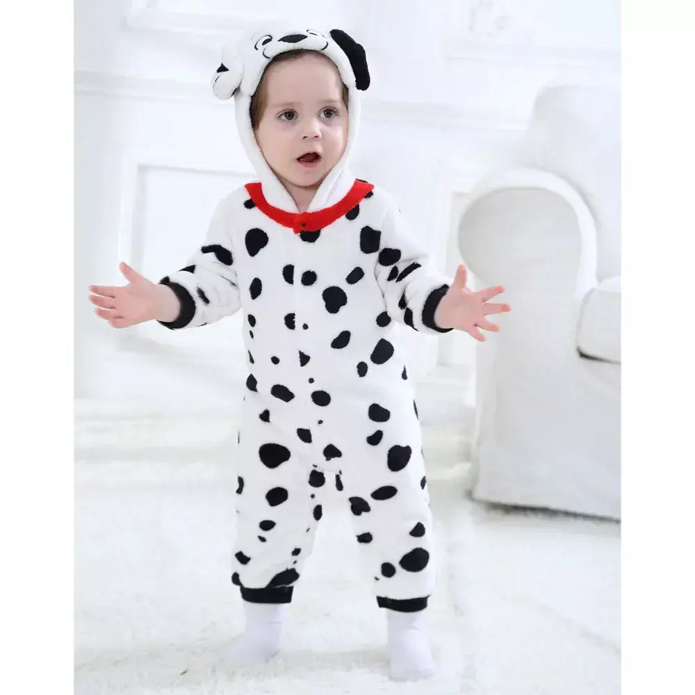Umorden bebê dálmatas manchado cão traje kigurumi dos desenhos animados animal macacão infantil da criança macacão flanela halloween fantasia vestido