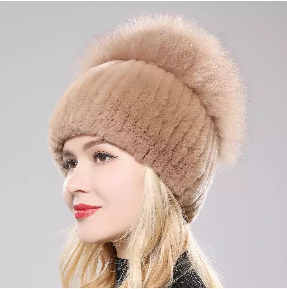 Real Genuine Fox Fur Gorros Chapéu para Mulheres, Pele de Coelho Rex Natural Boné de Caveira, Chapéus de malha para meninas, inverno, estilo russo, novo
