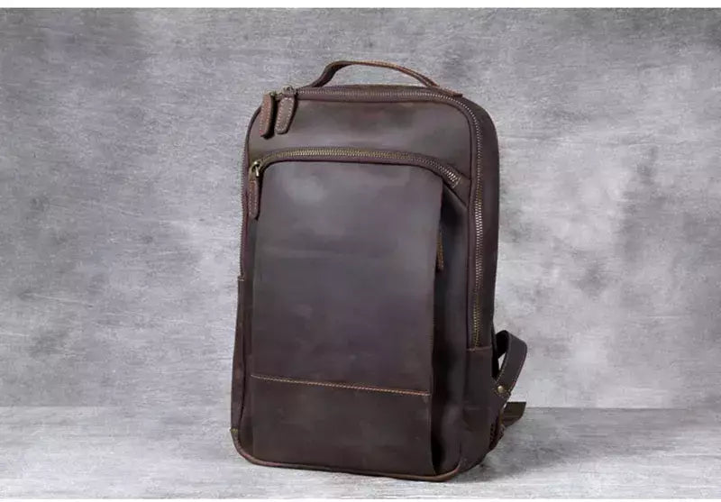 Mochila de couro genuíno para homens, cavalo louco vintage mochila para laptop grande mochila diária mochila de viagem mochila para caminhadas