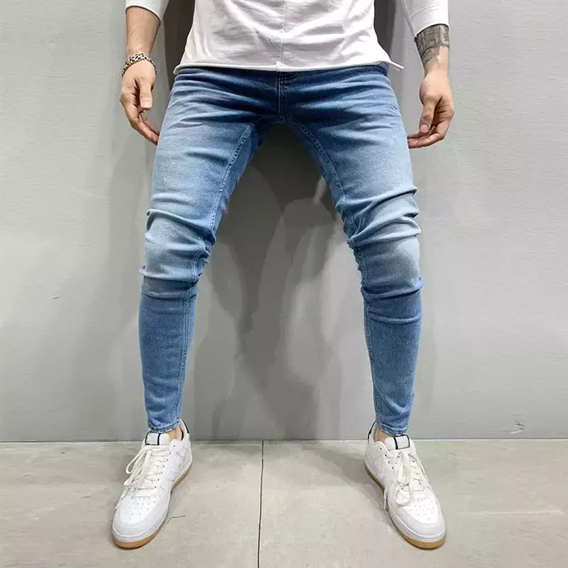 Cinza cor pura jeans homens cintura elástica calças de brim magros 2021 estiramento sem rasgado calças streetwear preto dos homens denim