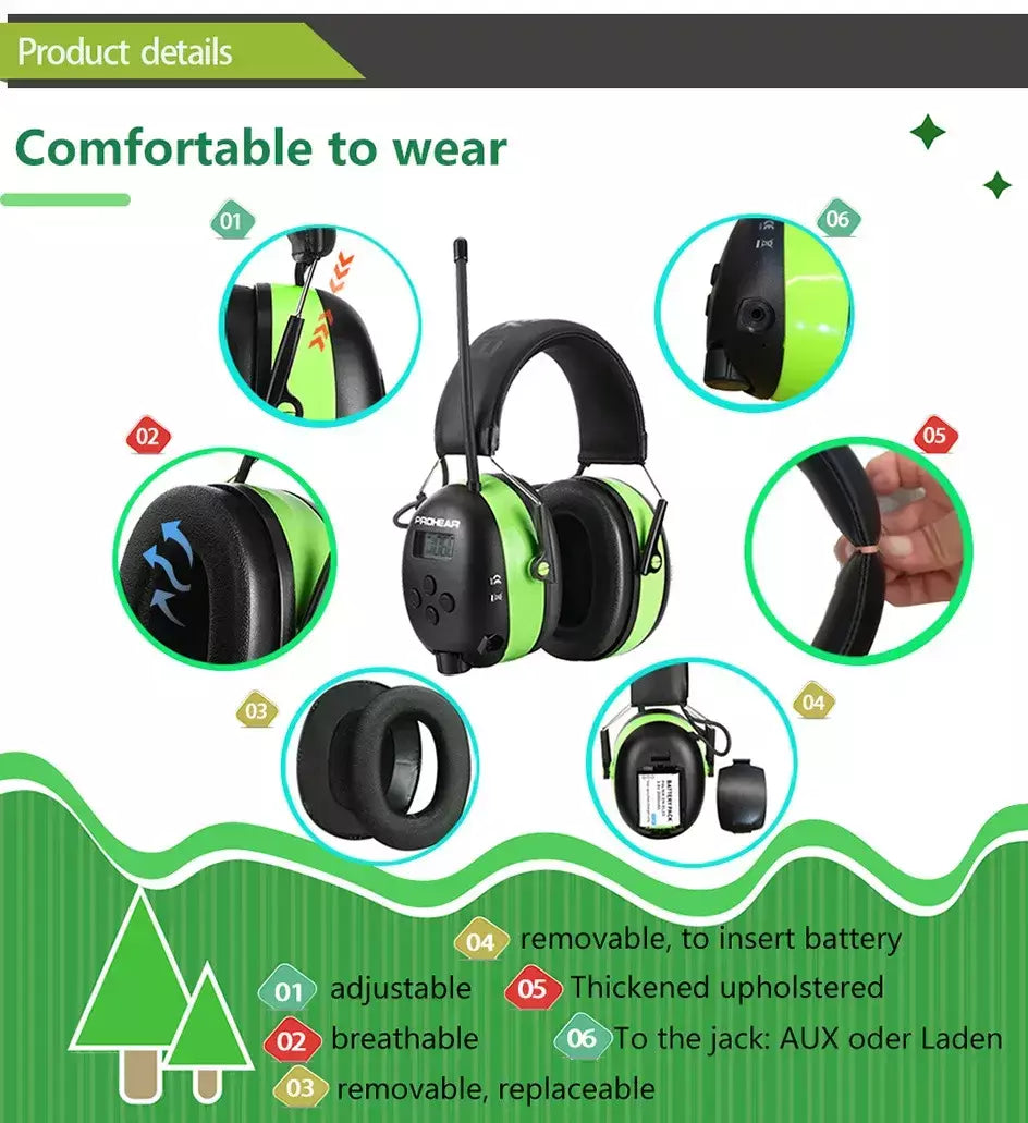 Proteção auditiva fones de ouvido bluetooth protetores de ouvido eletrônicos rádio am/fm 5.0 para corte segurança protetores de ouvido 2000mah bateria de lítio