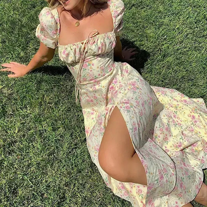 Feminino floral impressão split vestido doce puff manga curta gola quadrada fino ajuste maxi vestido de férias verão casual sexy a linha vestido