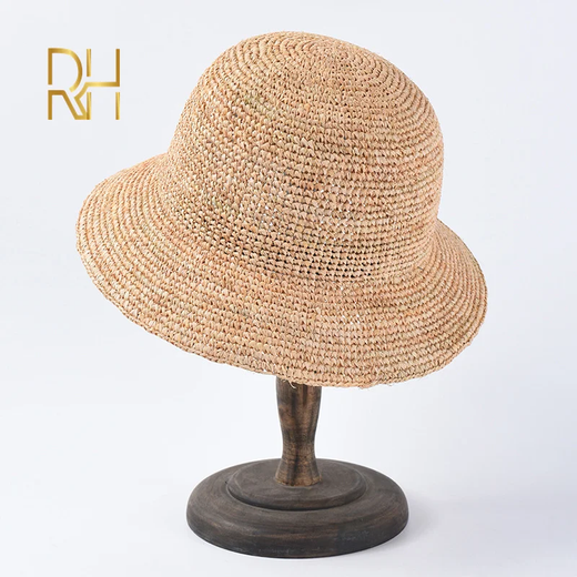 Natural Raffia Straw Bucket Hat para senhoras, crochê artesanal, Floppy Fisherman Caps, primavera, verão, praia