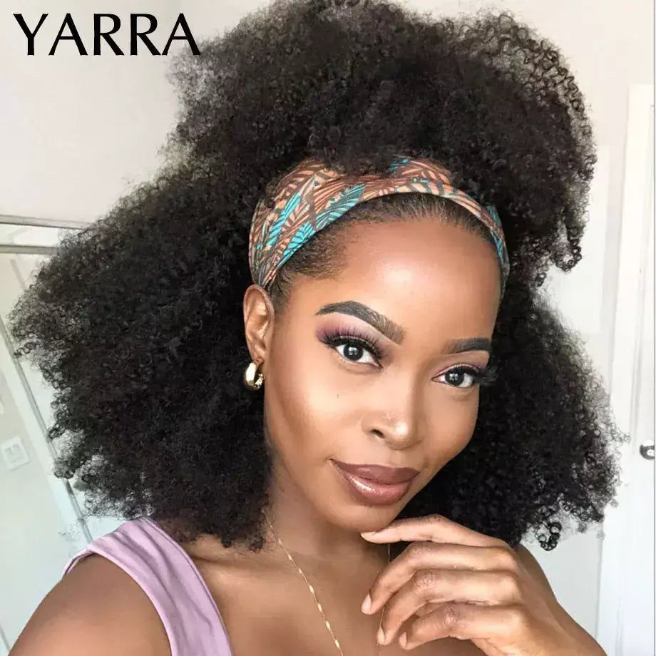 Afro kinky encaracolado cabelo humano bandana perucas para preto feminino 180% densidade cabelo humano brasileiro remy máquina completa feita cabelo yara
