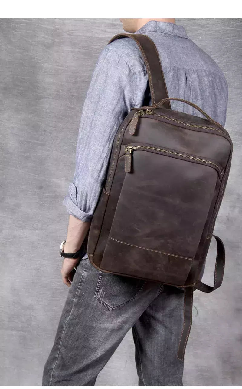 Mochila de couro genuíno para homens, cavalo louco vintage mochila para laptop grande mochila diária mochila de viagem mochila para caminhadas