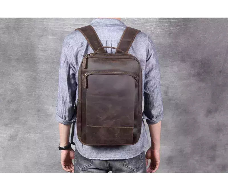 Mochila de couro genuíno para homens, cavalo louco vintage mochila para laptop grande mochila diária mochila de viagem mochila para caminhadas
