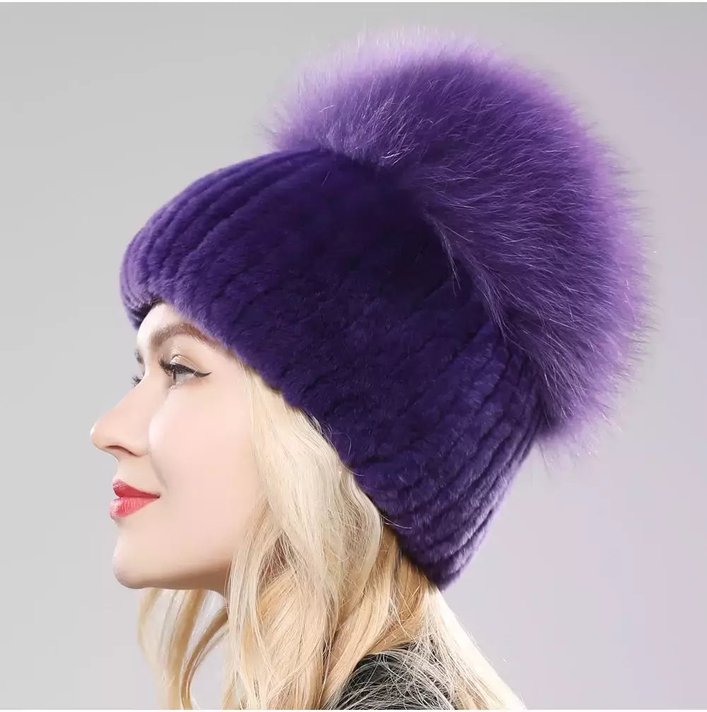 Real Genuine Fox Fur Gorros Chapéu para Mulheres, Pele de Coelho Rex Natural Boné de Caveira, Chapéus de malha para meninas, inverno, estilo russo, novo