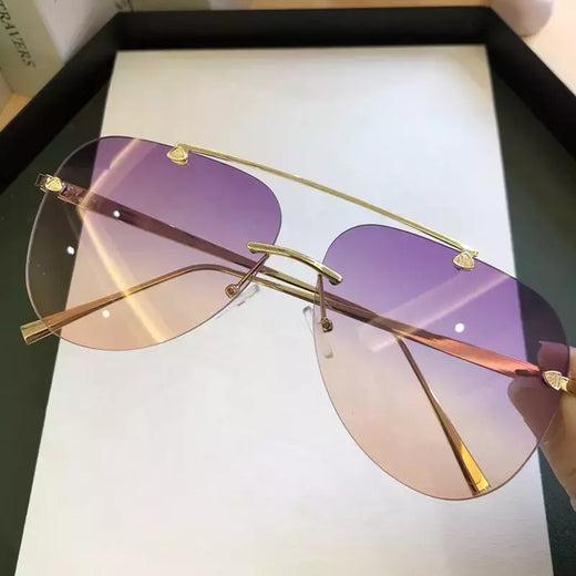 Óculos de sol de liga sem aro masculino, óculos de sol gradiente piloto, tons metal vintage oval, preto e marrom, marca feminina, 2024