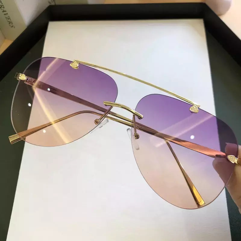 Óculos de sol de liga sem aro masculino, óculos de sol gradiente piloto, tons metal vintage oval, preto e marrom, marca feminina, 2024