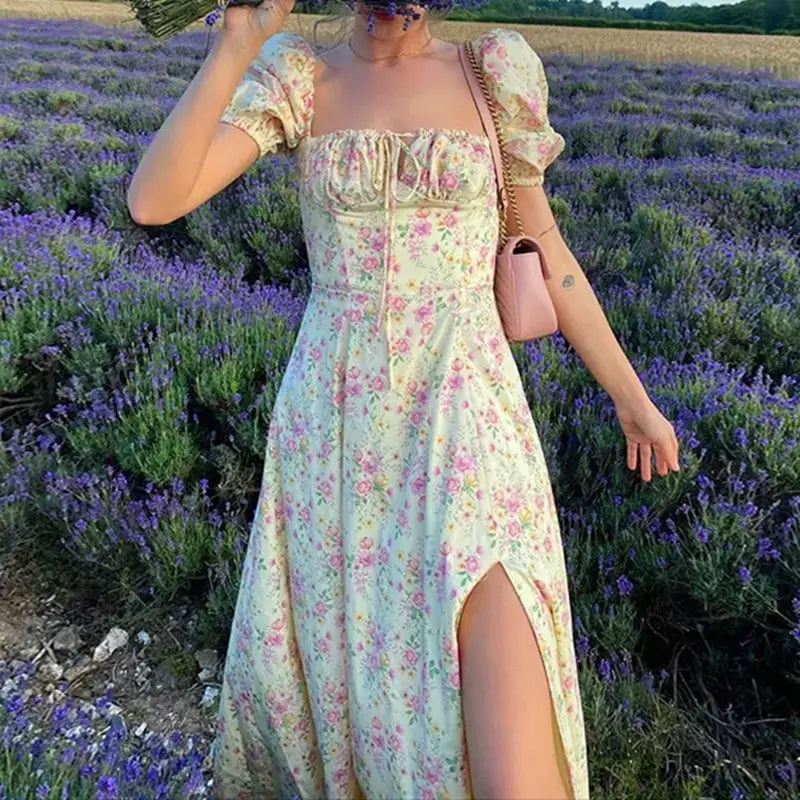 Feminino floral impressão split vestido doce puff manga curta gola quadrada fino ajuste maxi vestido de férias verão casual sexy a linha vestido