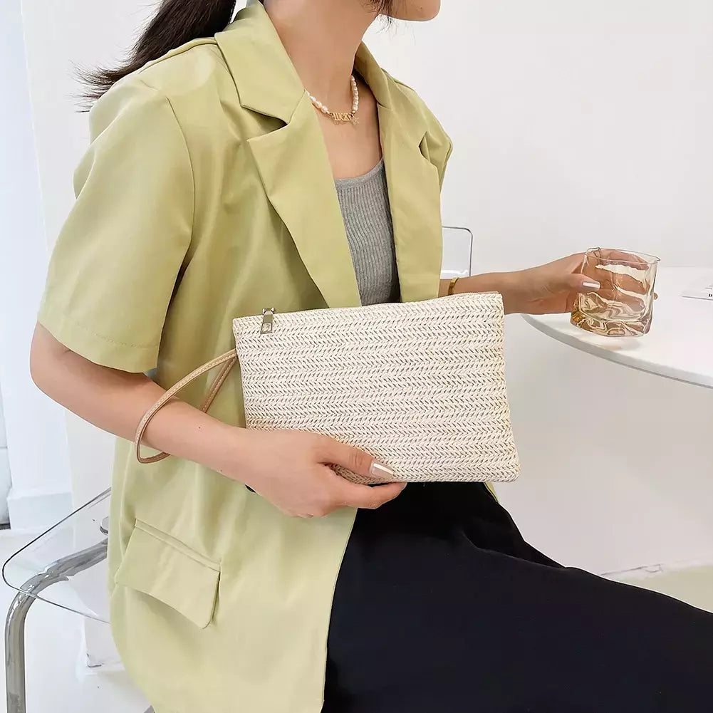 Moda feminina boêmio tecido embreagem wristlet saco casual senhoras praia verão cor sólida pequenas bolsas bolsa branco bege presentes