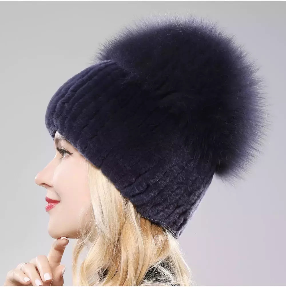 Real Genuine Fox Fur Gorros Chapéu para Mulheres, Pele de Coelho Rex Natural Boné de Caveira, Chapéus de malha para meninas, inverno, estilo russo, novo