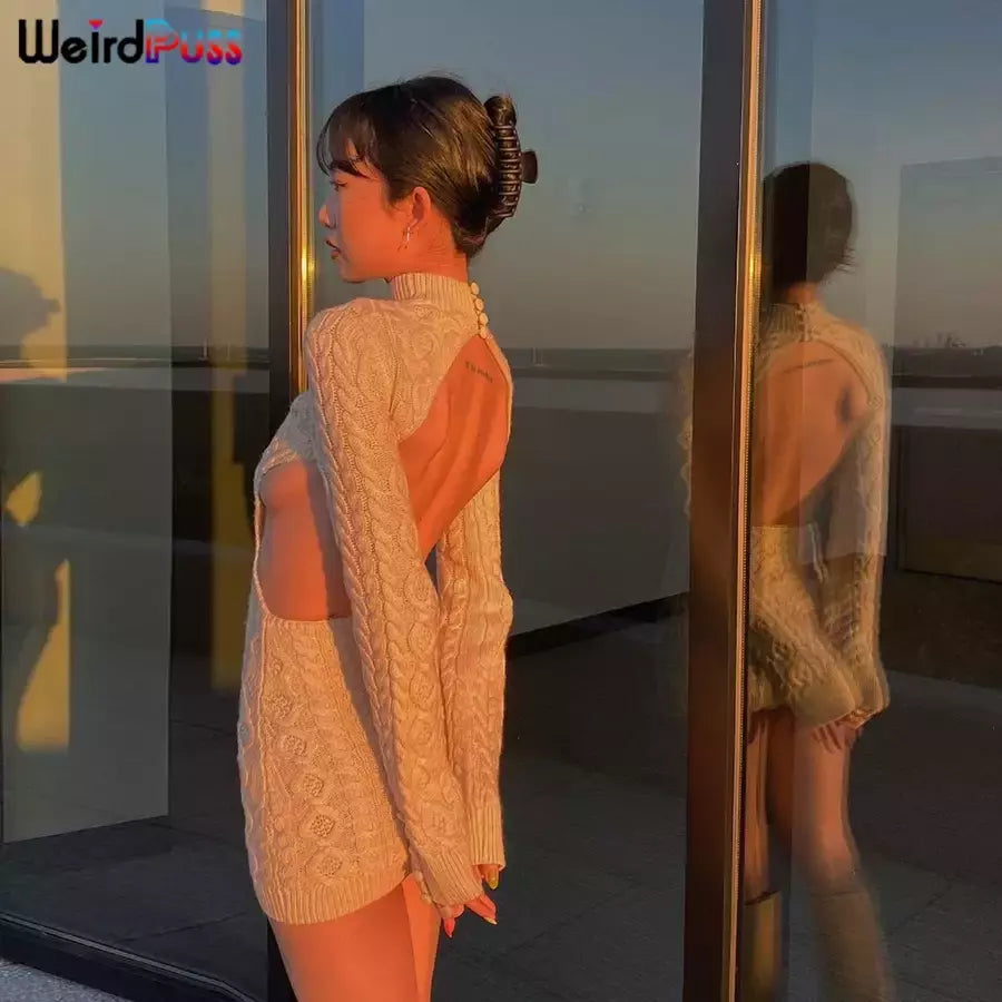 Weird Puss-Mini Vestidos de Gola Alta Elástica Feminina, Tricô Chique, Sem Costas, Manga Comprida, Soft Bodycon, Streetwear, Sexy, Outono