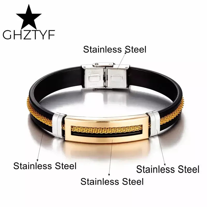 puseira masculina de ouro Pulseiras de aço inoxidável manguito para homens mulher pulseira de borracha preta com corrente 17 19 21cm cinto ajustável homem mão jóias presentes masculino frete grátis