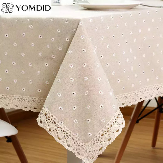 Daisy Flower Pattern Tablecloth, Linho e algodão Lace Edge, Toalha de mesa retangular, Casa e Hotel Textile, Venda quente