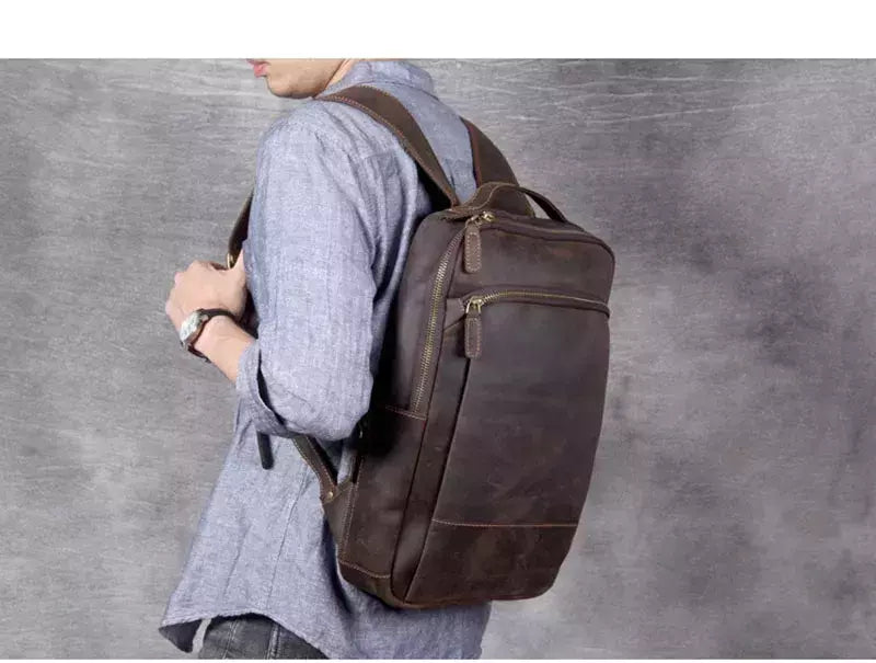 Mochila de couro genuíno para homens, cavalo louco vintage mochila para laptop grande mochila diária mochila de viagem mochila para caminhadas