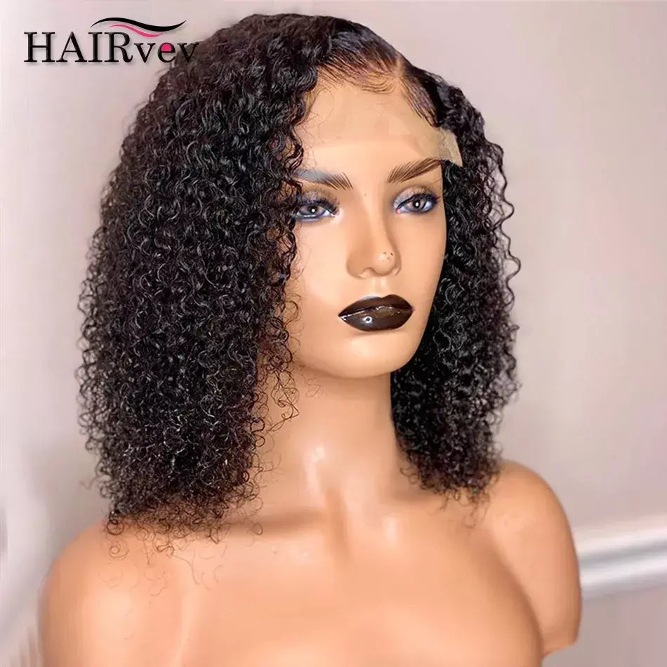 Perucas de cabelo humano Bob curto, Kinky Curly Bob Peruca, Perucas Dianteiras Brasileiras, 13x4 HD Transparente Lace Frontal Encerramento