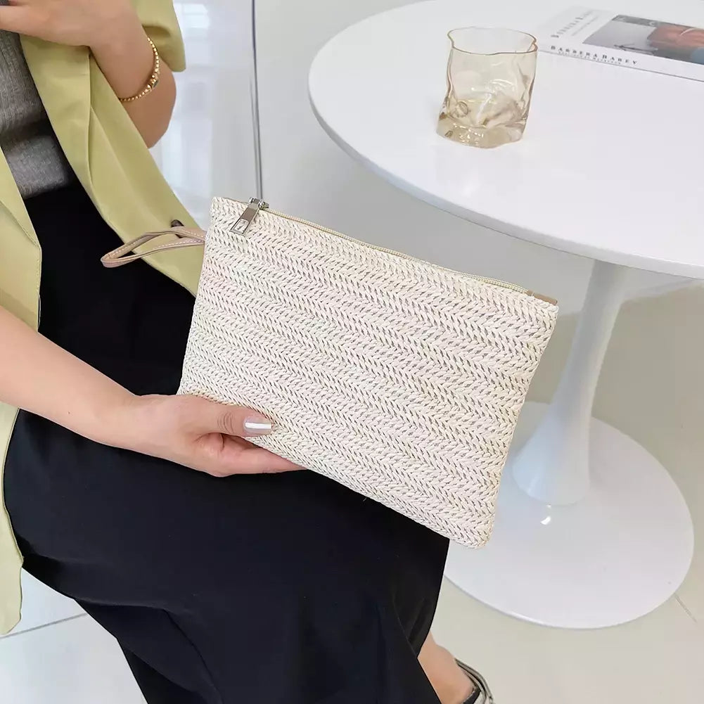 Moda feminina boêmio tecido embreagem wristlet saco casual senhoras praia verão cor sólida pequenas bolsas bolsa branco bege presentes